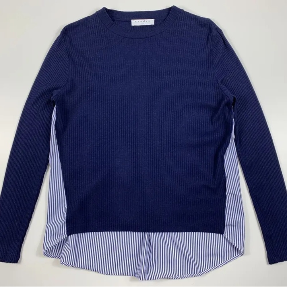Sandro Paris Ribbed Stretch Knit Striped Shirt Back Tunic Top Blue Size 2